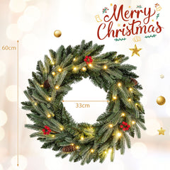 60 CM Artificial Pre-Lit Christmas Wreath with 90 Branch Tips and 20 Warm White LED Lights