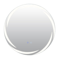 The round mirror with touch control buttons visible on the glass surface