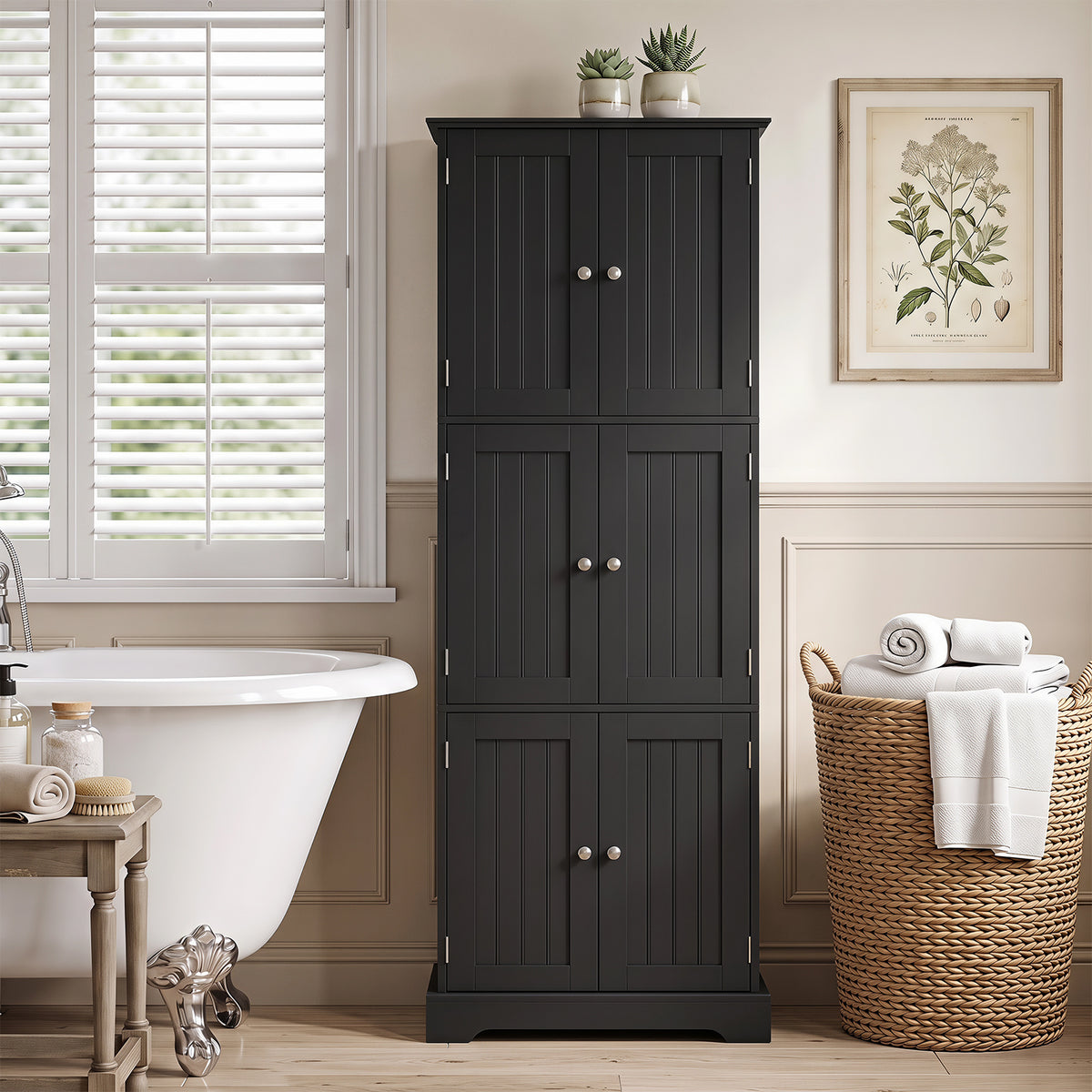 60 x 30 x 160 CM Tall Bathroom Storage Cabinet with 6 Doors-Black