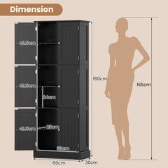 60 x 30 x 160 CM Tall Bathroom Storage Cabinet with 6 Doors-Black
