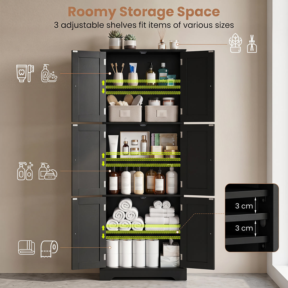 60 x 30 x 160 CM Tall Bathroom Storage Cabinet with 6 Doors-Black