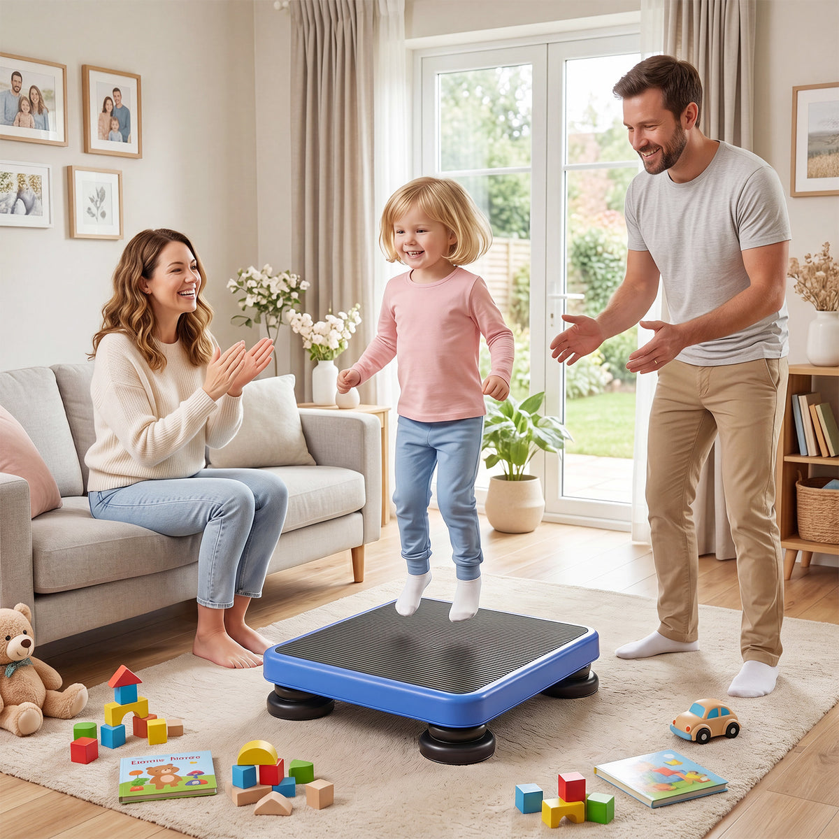 60 x 50 cm Kids Rebounder Bouncing Board with Elastic Rope and Non-Slip Base & Feet for Ages 3+-Blue