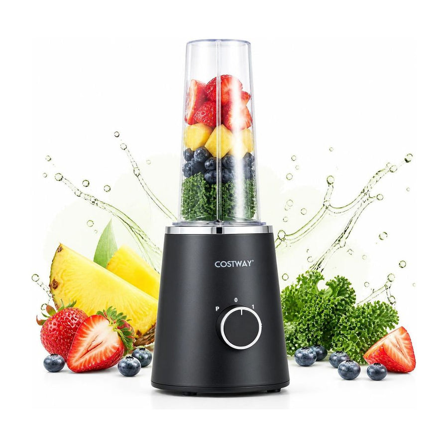 600 ml Mini Personal Blender with 4 stainless blades and 3 speeds, black, with fruit and water splashes