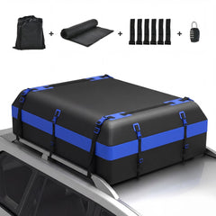 The rooftop cargo carrier bag with its accessories laid out on top of a car roof