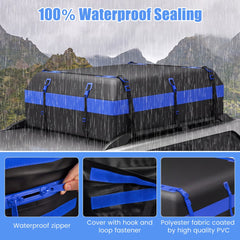 Close ups of the waterproof zipper, hook and loop fastener, and fabric of the rooftop cargo carrier bag