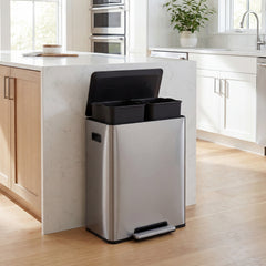 60L Trash Can Stainless Steel Garbage Can with 2 Removable Inner Buckets-Silver