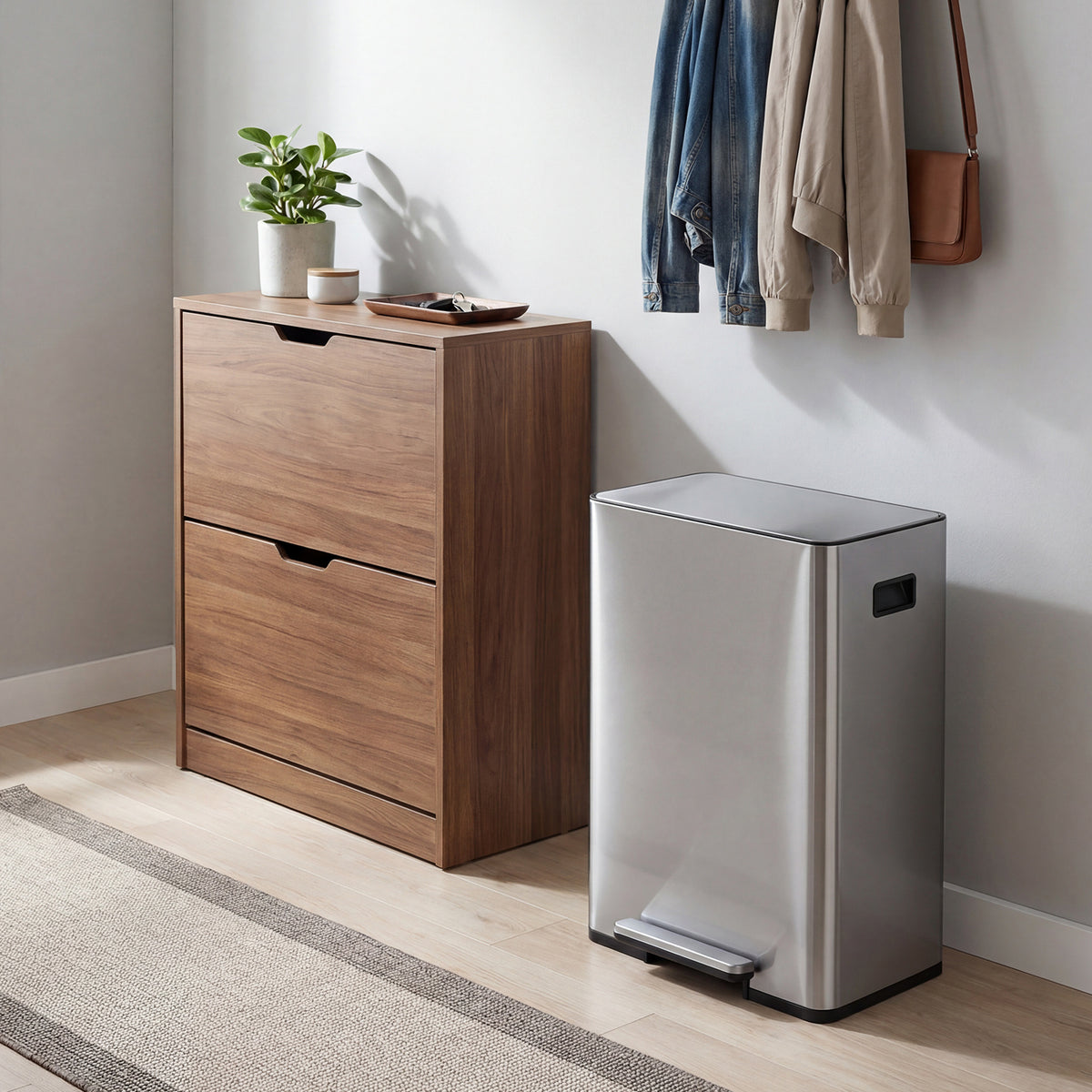 60L Trash Can Stainless Steel Garbage Can with 2 Removable Inner Buckets-Silver