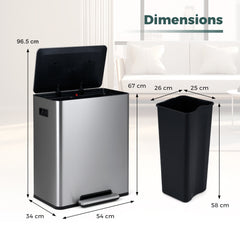 60L Trash Can Stainless Steel Garbage Can with 2 Removable Inner Buckets-Silver