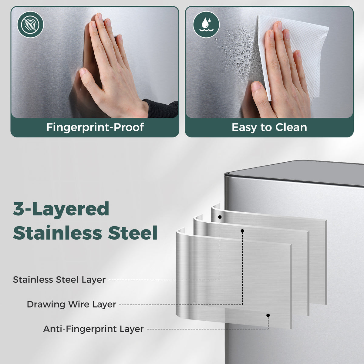 60L Trash Can Stainless Steel Garbage Can with 2 Removable Inner Buckets-Silver