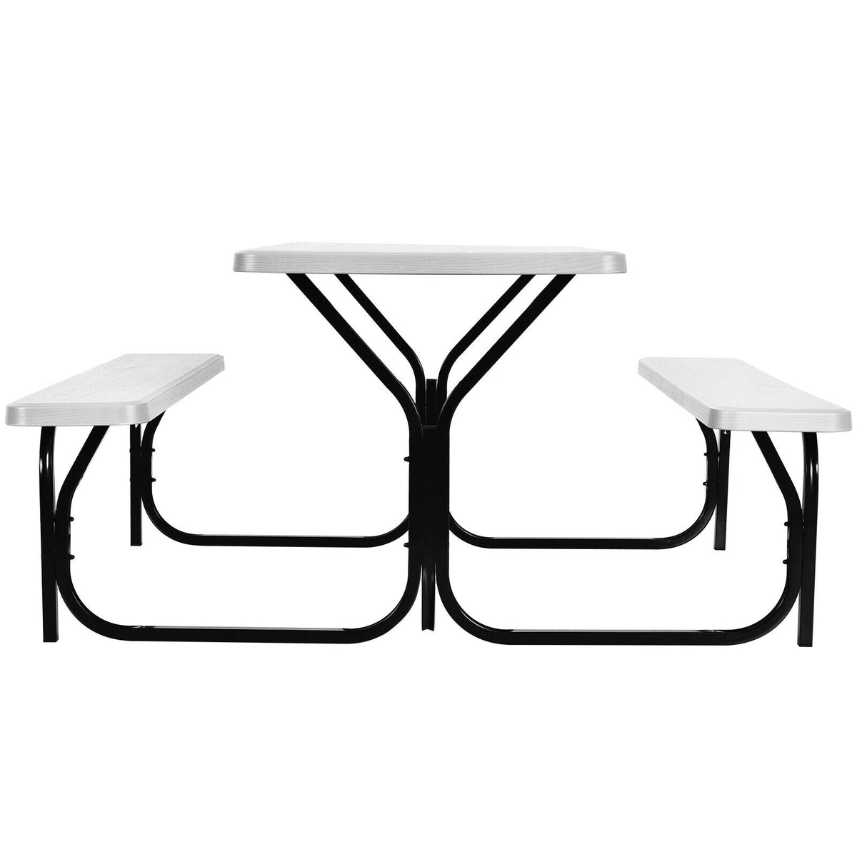 Picnic Table Bench Set with Metal Base Wood for Outdoor-White