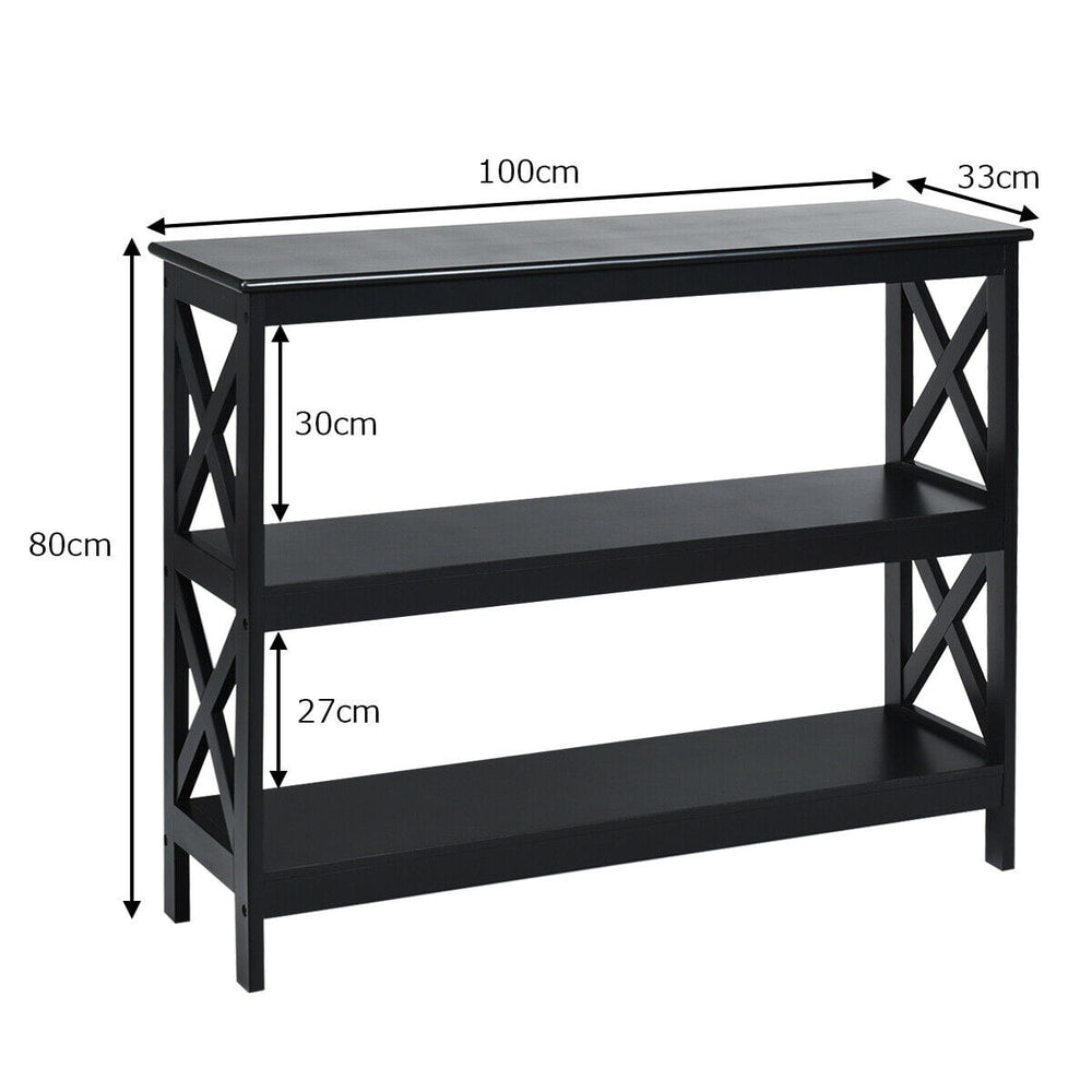 Black three-tier console table with dimensions labelled, showing height, width and shelf depth