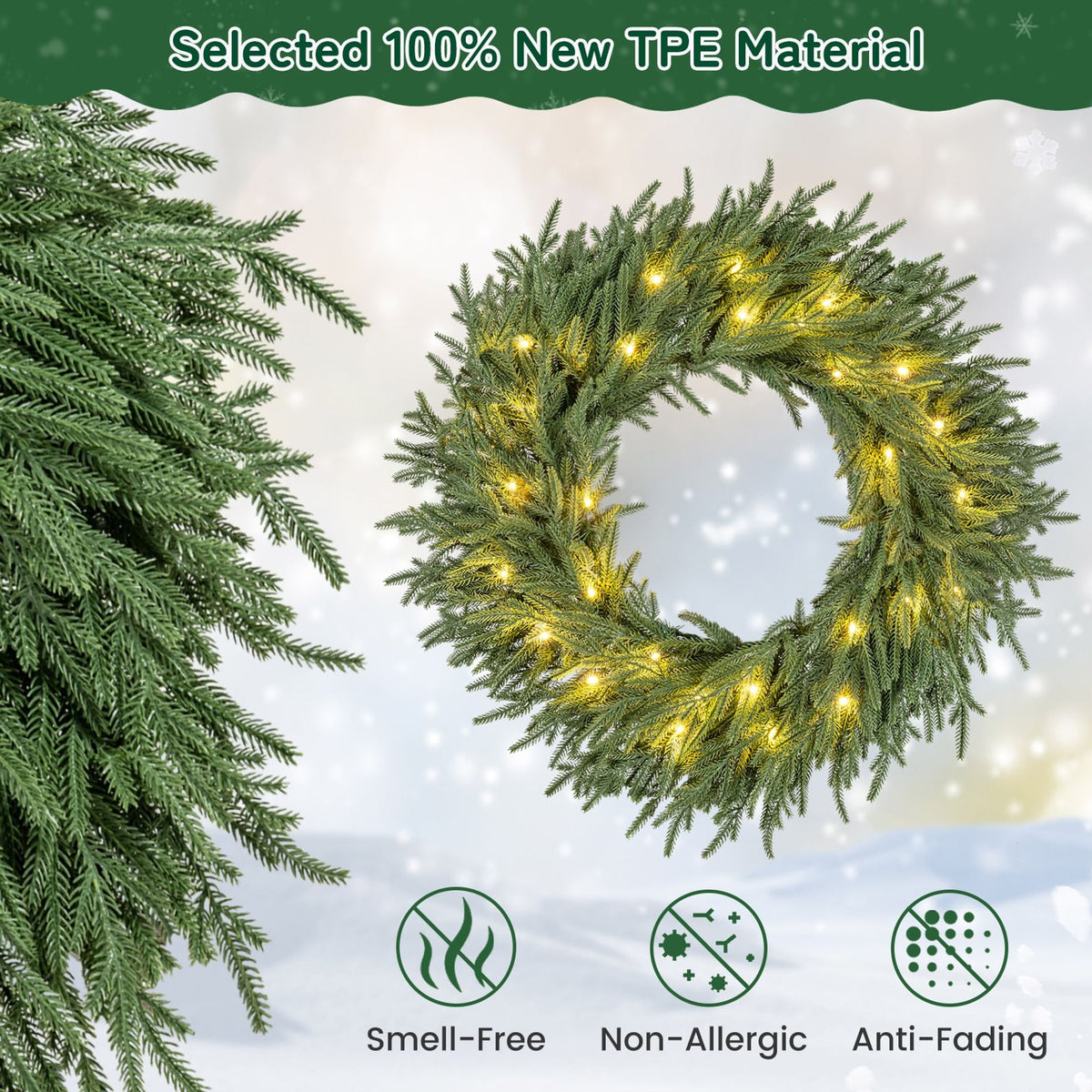 60cm Artificial Pre-Lit Christmas Wreath with Warm White LED Lights