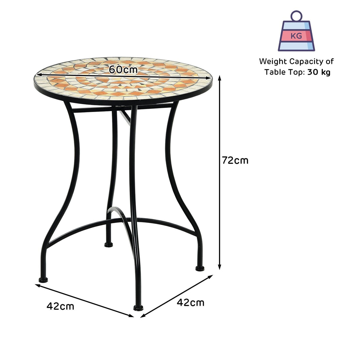 Size diagram showing the dimensions of the mosaic coffee table