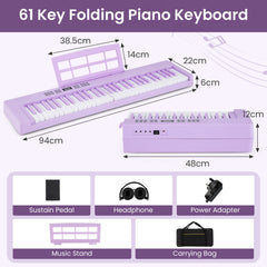 61-Key Foldable Piano Keyboard Full-size Electronic Keyboard with MIDI and Split Function-Purple