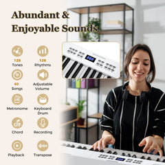 The electronic keyboard with a woman playing it in a room with shelves
