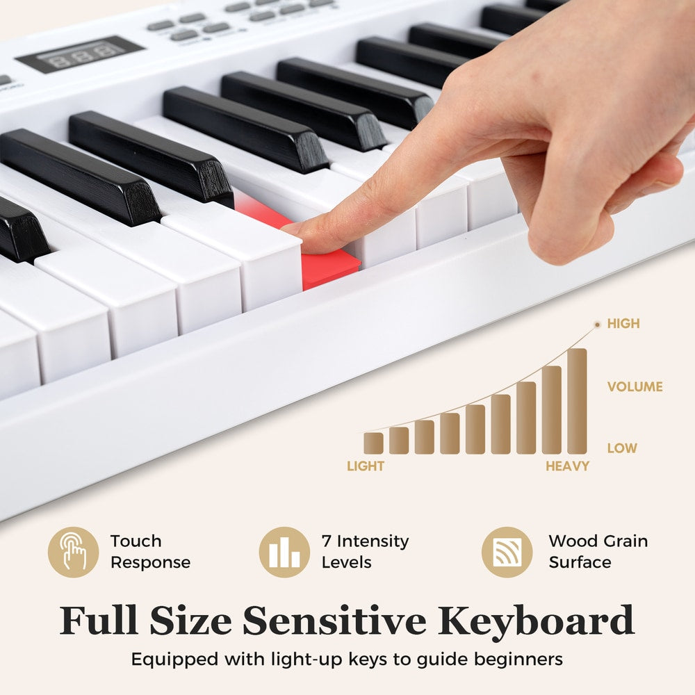 Close up of a finger pressing a light-up key on the electronic keyboard with a volume graph