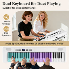 Two keyboards shown, one for duet playing and another with split colours for two players