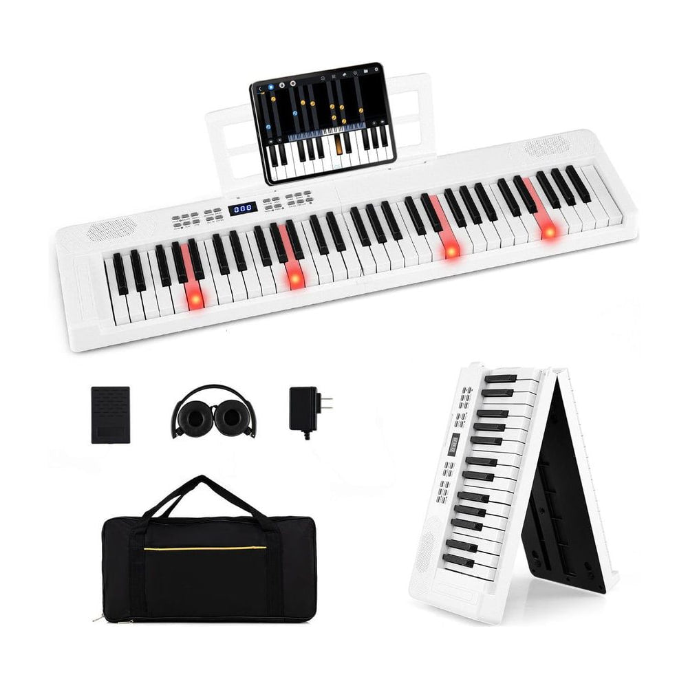61-Key Foldable Piano Keyboard Full-size Electronic Keyboard with MIDI and Split Function-White on a stand with a tablet