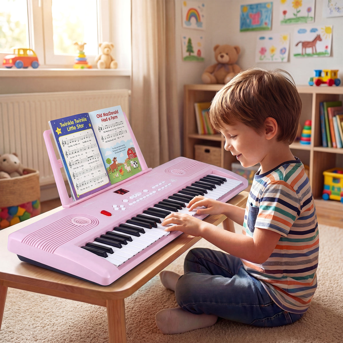 61 Key Keyboard Piano with Music Stand for Beginners-Pink