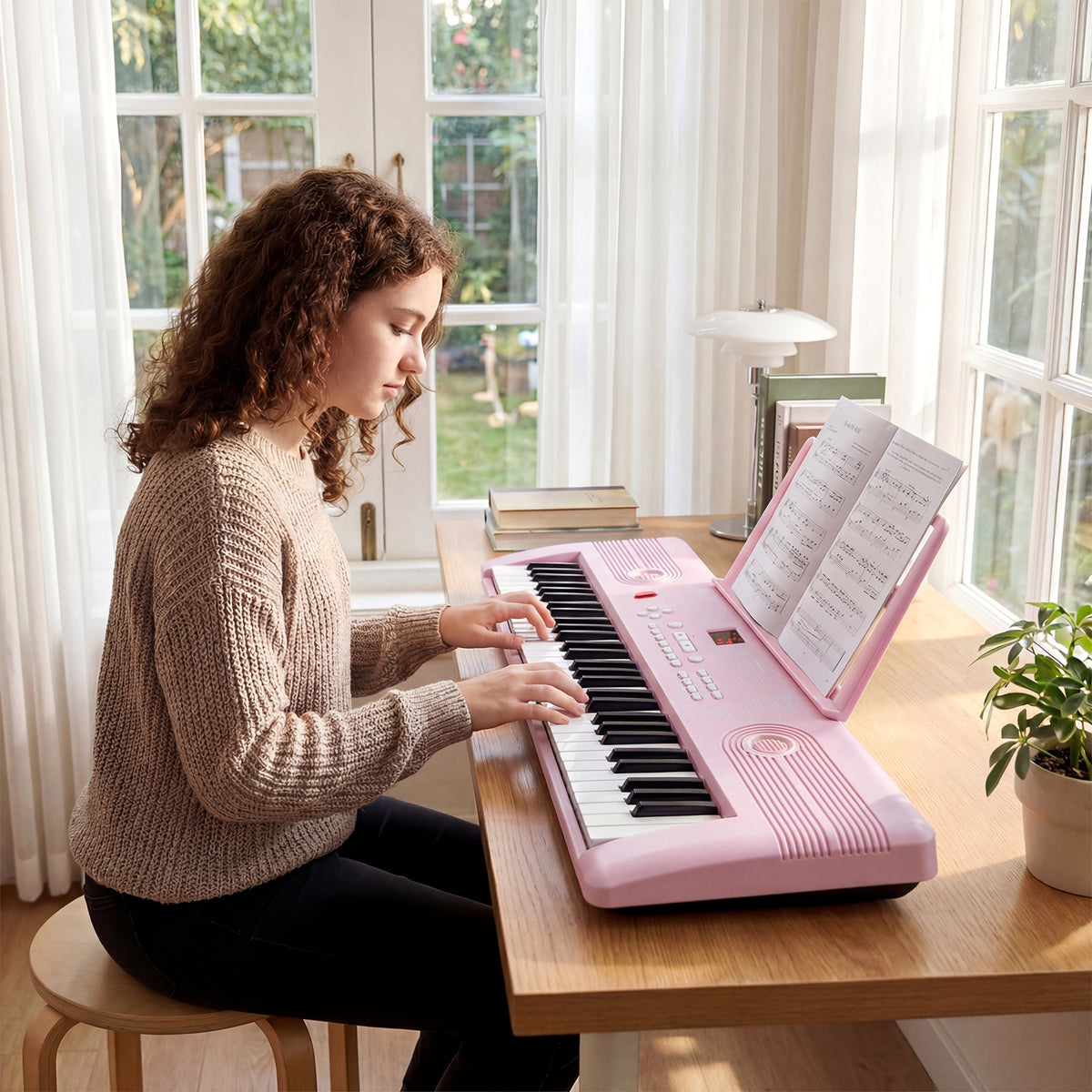 61 Key Keyboard Piano with Music Stand for Beginners-Pink
