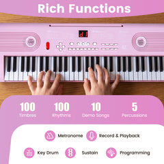 61 Key Keyboard Piano with Music Stand for Beginners-Pink