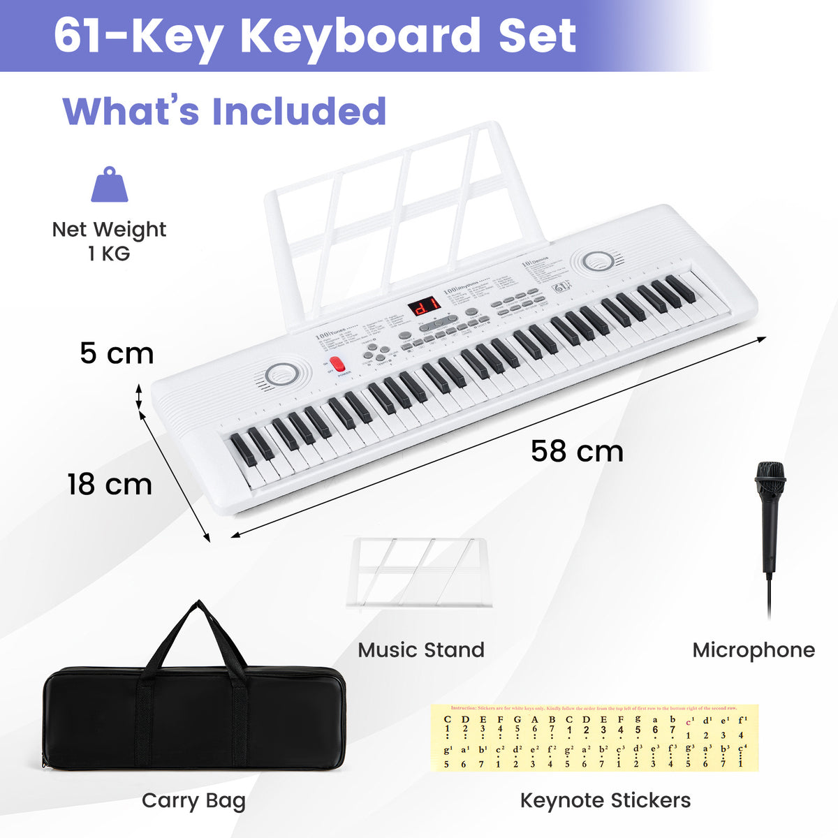 61 Key Keyboard Piano with Music Stand for Beginners-White