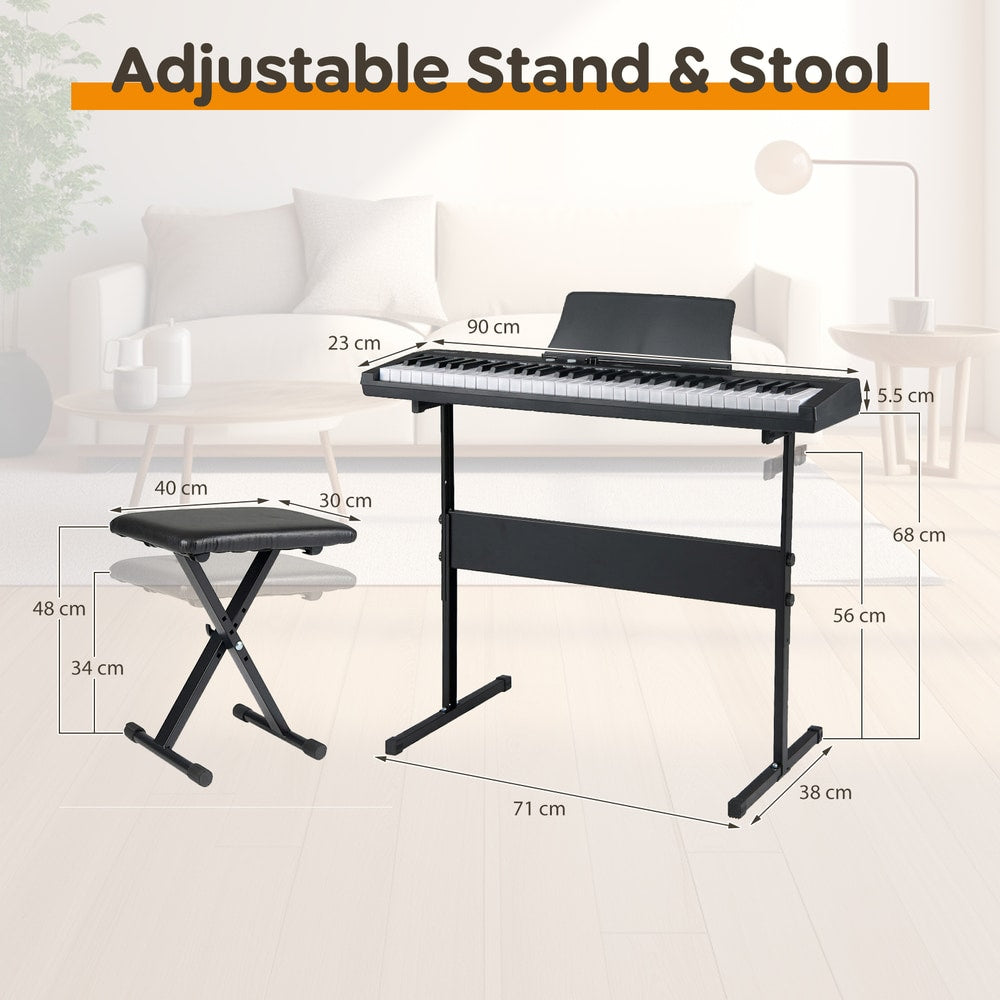 Diagram showing the dimensions of the adjustable stand and stool for the electric keyboard