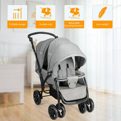 Grey double pushchair with icons showing foldable design, double seat, adjustable direction and low weight