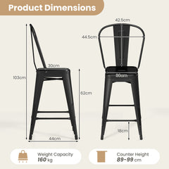 62 cm Metal Bar Stools Set of 4 with Backrests and Footrests-Black