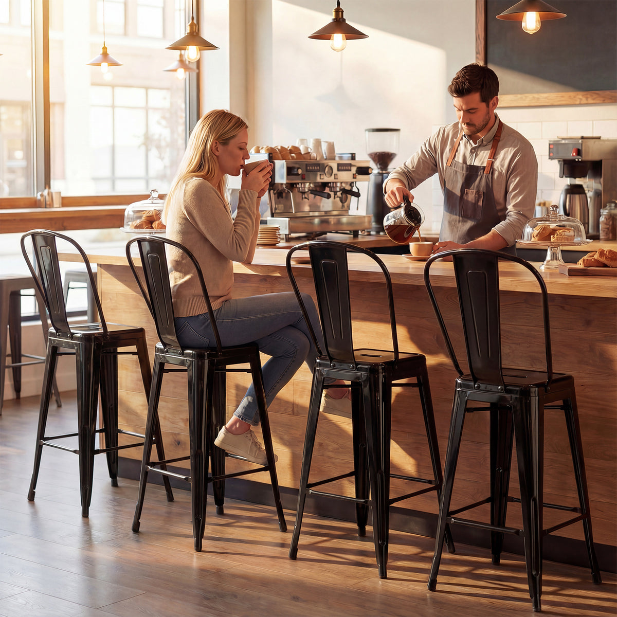 62 cm Metal Bar Stools Set of 4 with Backrests and Footrests-Black