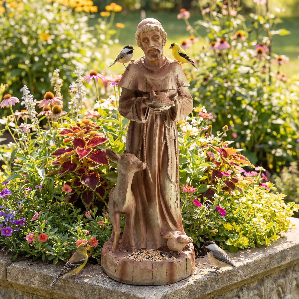 62cm St. Francis Statue with Bird Feeder Saint Francis of Assisi Garden Decoration-Brown
