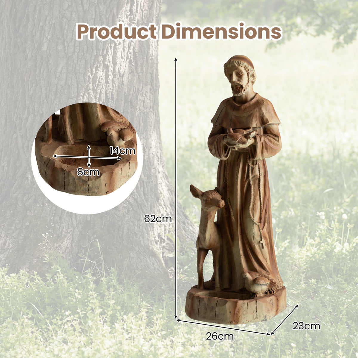 62cm St. Francis Statue with Bird Feeder Saint Francis of Assisi Garden Decoration-Brown