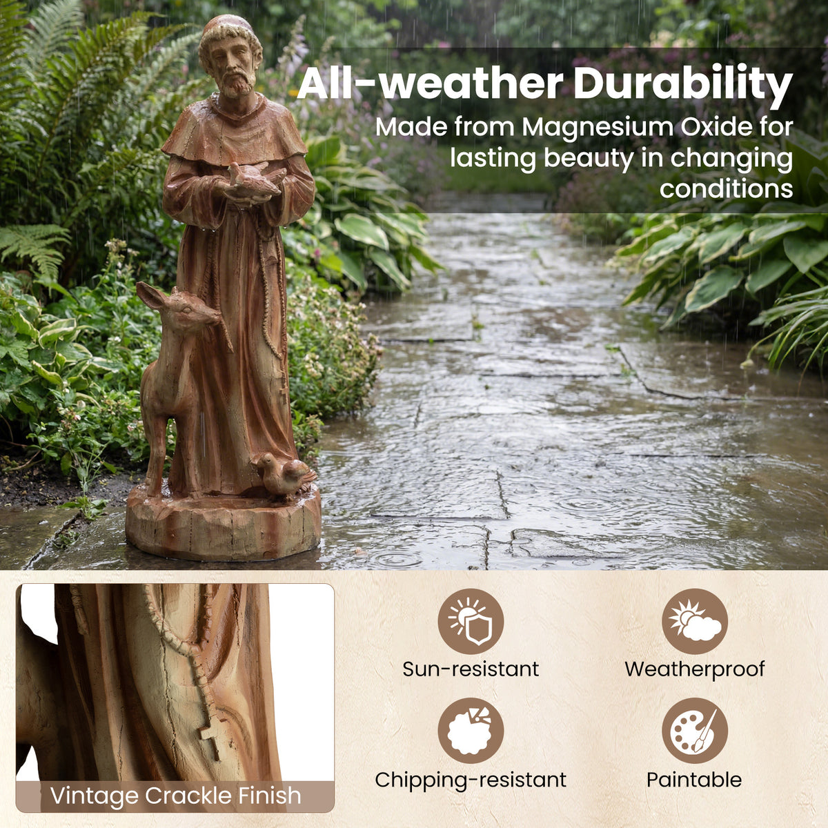 62cm St. Francis Statue with Bird Feeder Saint Francis of Assisi Garden Decoration-Brown
