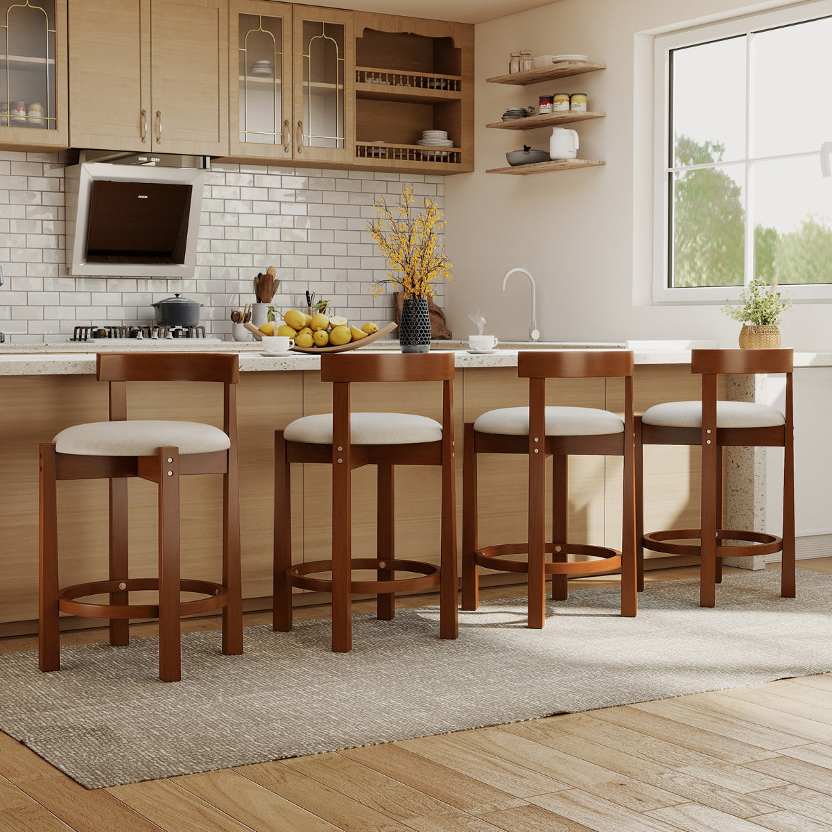62cm Counter Height Bar Stools Set of 2 with Backrests and Footrests-Beige