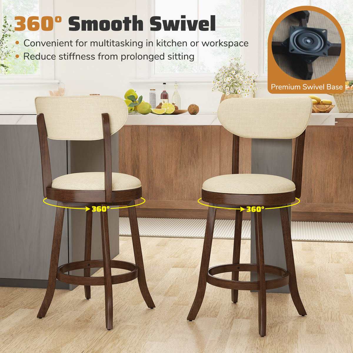 64/77CM Counter Height Chairs Set of 2 with Padded Seat and Backrest-Brown-Size 1