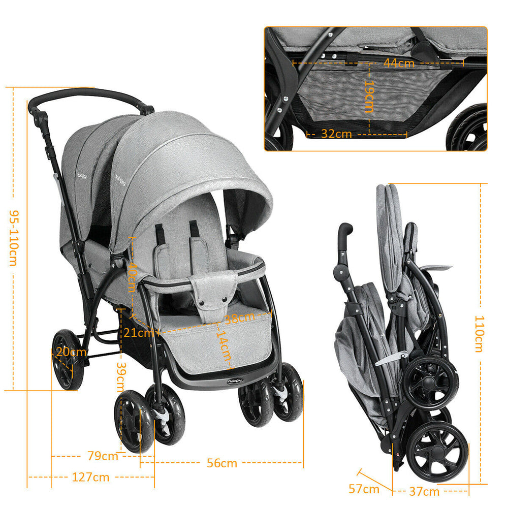 Size diagram of the grey double pushchair and its folded dimensions
