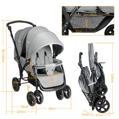 Size diagram of the grey double pushchair and its folded dimensions