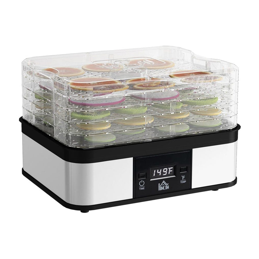 HOMCOM 5 Tier Food Dehydrator with clear stackable trays and a digital display on the front