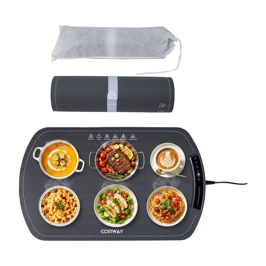 Food Warming Mat shown with its storage bag and rolled up for easy packing