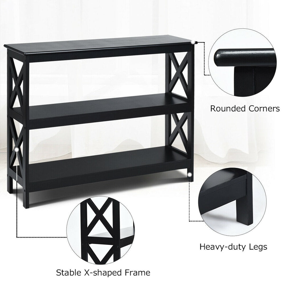 Close up of the black three-tier console table showing rounded corners and heavy-duty legs