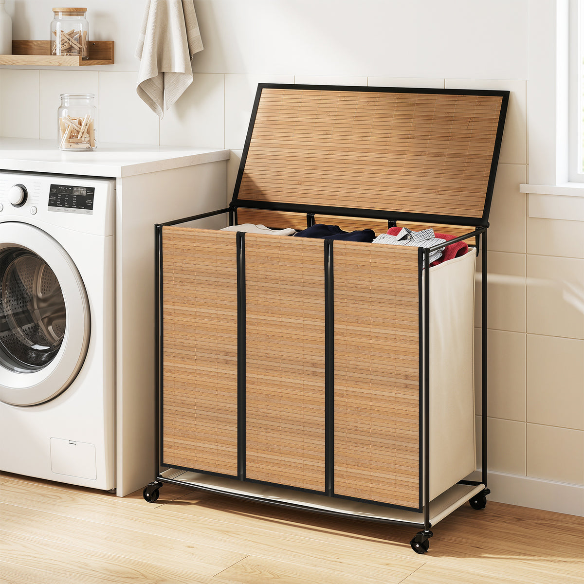 66CM Tall Rolling Laundry Hamper with 3 Sections and Lid and Lockable Wheels-Natural