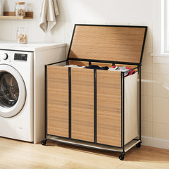 66CM Tall Rolling Laundry Hamper with 3 Sections and Lid and Lockable Wheels-Natural