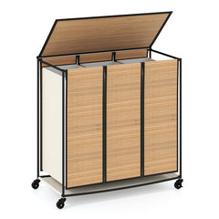 66CM Tall Rolling Laundry Hamper with 3 Sections and Lid and Lockable Wheels-Natural