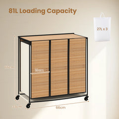 66CM Tall Rolling Laundry Hamper with 3 Sections and Lid and Lockable Wheels-Natural