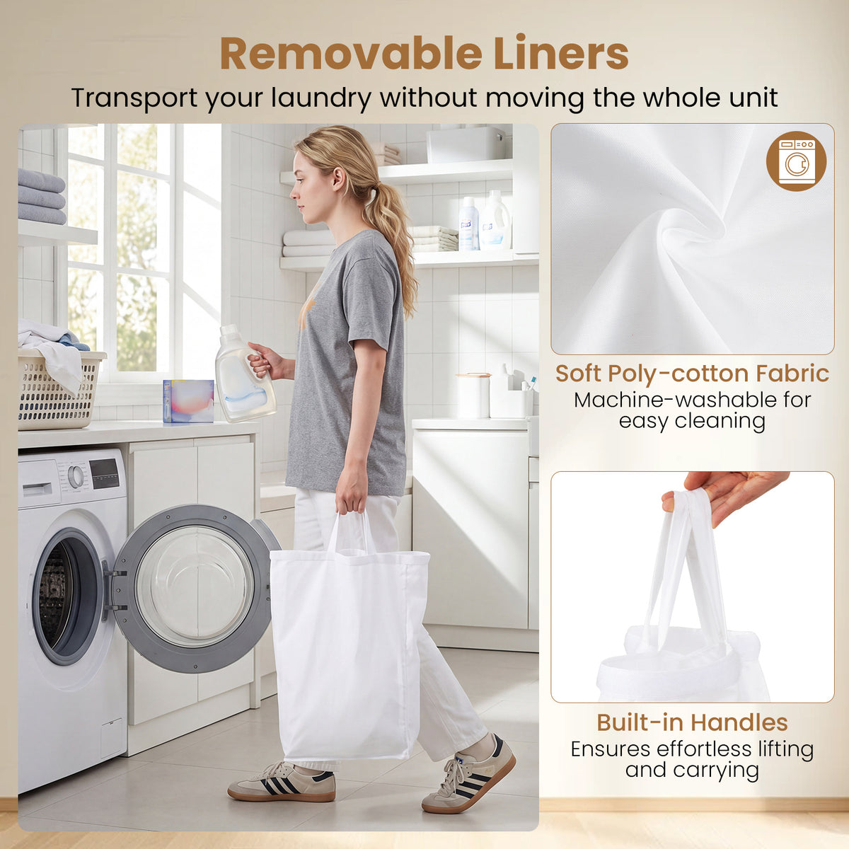 66CM Tall Rolling Laundry Hamper with 3 Sections and Lid and Lockable Wheels-Natural