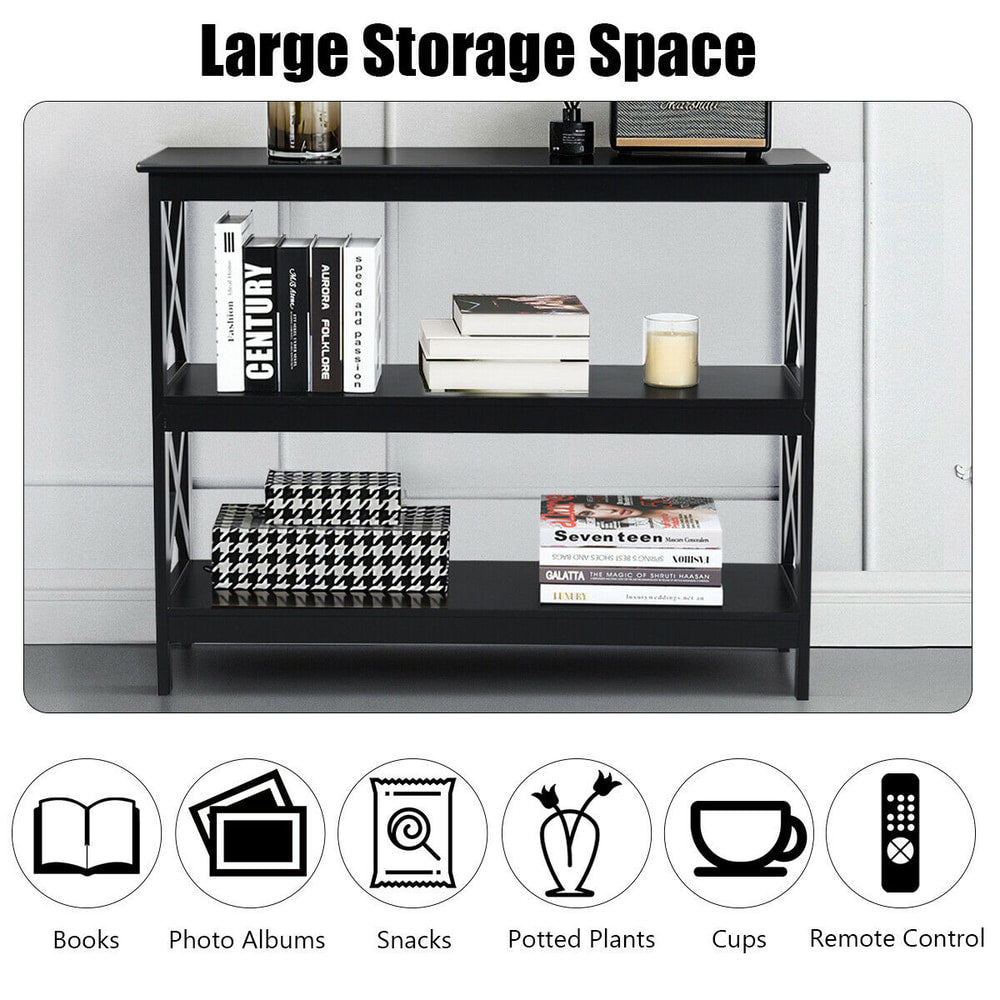 Black three-tier console table with text overlay 'Large Storage Space' and icons showing storage uses