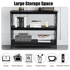 Black three-tier console table with text overlay 'Large Storage Space' and icons showing storage uses