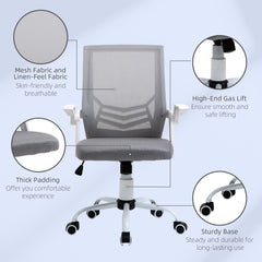 Vinsetto Home Office Chair and Computer Desk Set, Mesh Chair with with 90° Flip-up Armrest, Study Desk with Keyboard Tray and Drawer, White and Grey