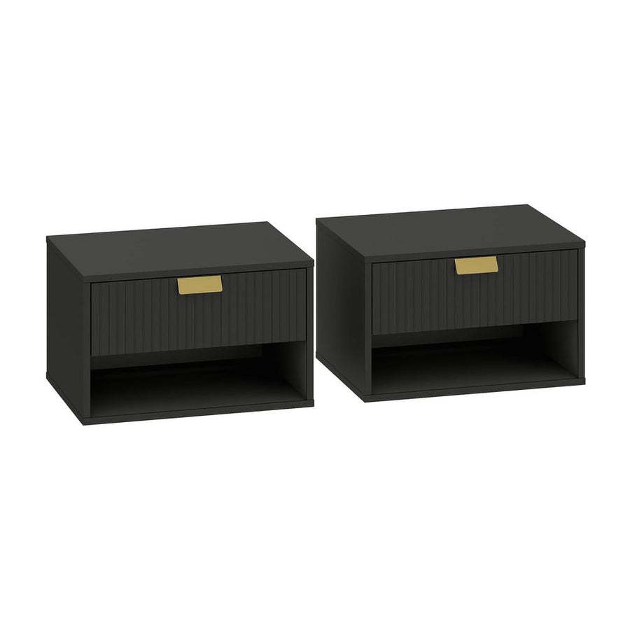 HOMCOM Set of 2 Wall Mounted Nightstands, Floating Bedside Tables with Fluted Drawer and Open Shelf for Small Bedroom, Black