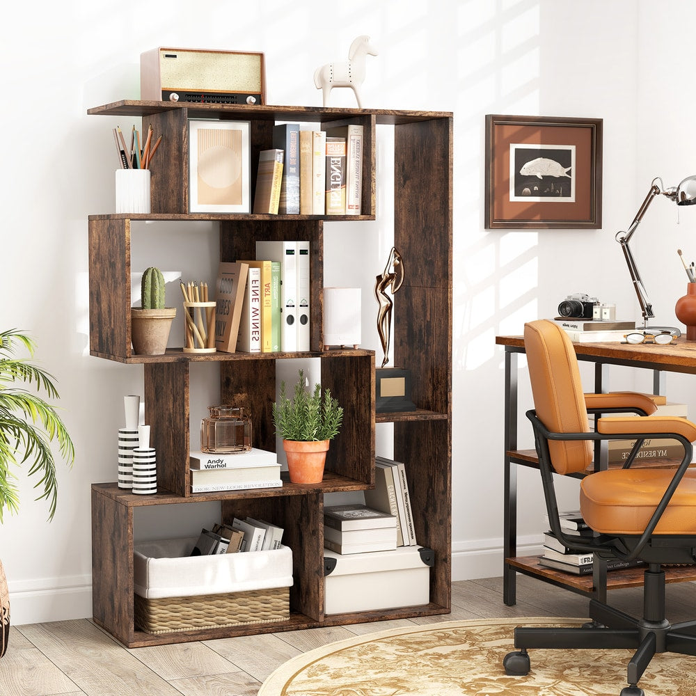 The geometric bookcase in a home office setting with a desk and chair